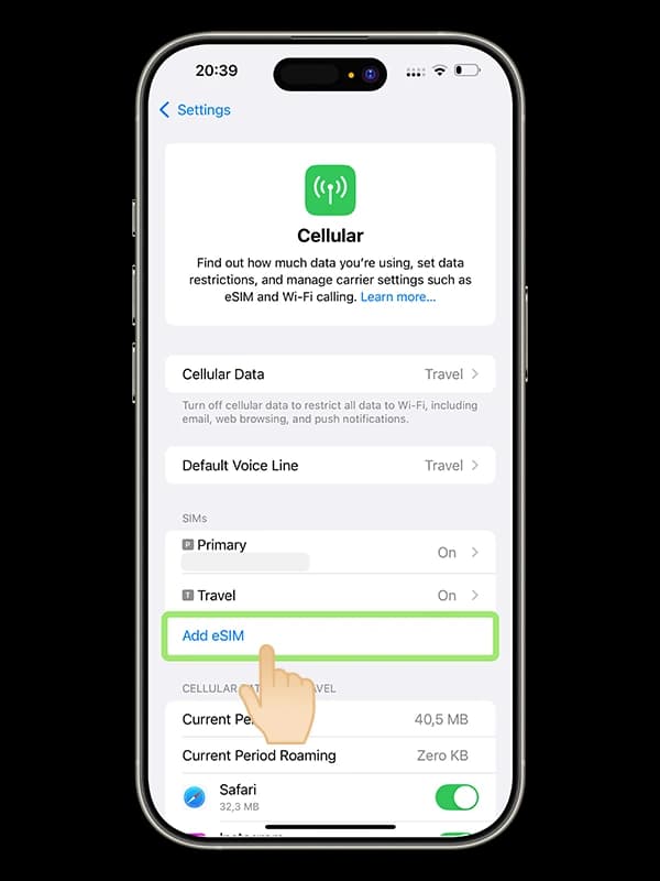 iPhone Settings showing Cellular with Add eSIM